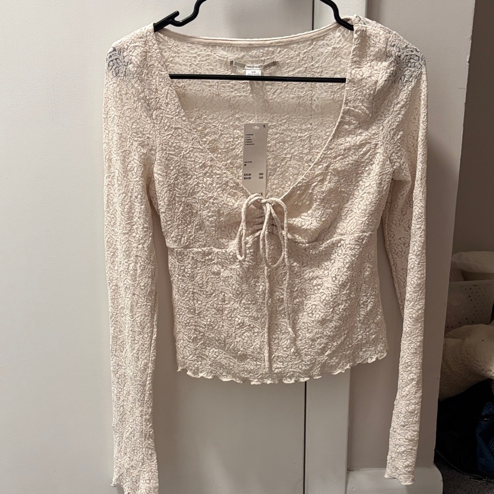 Urban Outfitters Cream Lace Long Sleeve Tie-Front Top